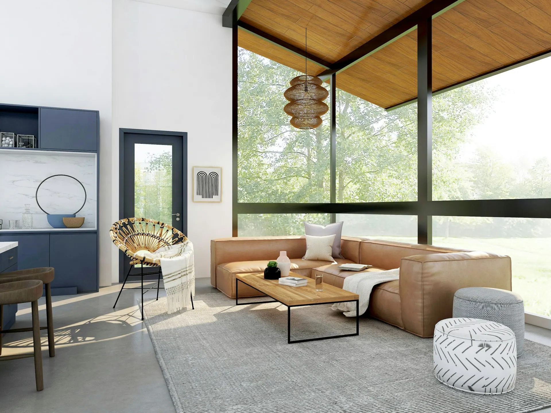 Wohnzimmer mit Ledersofa, Holzdecke und großen Fenstern
